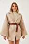Women's Beige Double-Breasted Collar Belted Lined Cashmere Jacket 60261241 - 2