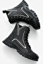Women's Black Leather Thermo Sole Patterned Lace up and Zippered Boots