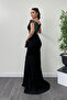 Evening Dress with Sequined Top and Crepe Bottom - Black - 5