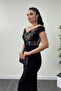 Evening Dress with Sequined Top and Crepe Bottom - Black - 3