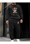 Unisex Black Printed Crew Neck Tracksuit Set