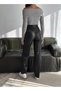 Women's Synthetic Leather Palazzo Pants with Wide Legs and Fleece Inside, Winter Trend Pants - 8