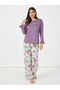 Slogan Print Ruffled Cuff Sleeves T-Shirt & Floral Pyjama Set