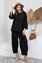 Black Cotton Muslin Long Sleeve Blouse and Loose Pants Set (Bluz-Pants) - 6