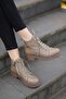 (Astara) Genuine Leather Adjustable Lace Detailed Zippered Inside Orthopedic Ankle Boots Vizon Flotter - 8