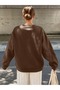 Women's Brown Mini Ribbon Printed Crew Neck Oversize Sweatshirt - 4