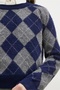 Women's Shoulder Stitched Diamond Pattern Navy Blue-Grey Sweater - 2