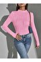 Women's Pink Elasticated Handkerchief Hem Overlock Round Neck Long Sleeve Blouse - 6