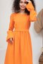 Hijab Orange Color Linen Waist-Tie Dress - 3