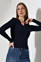 Lycra Ribbed Fabric Long Sleeve Blouse with Buttons on Collar 21926 Dark Blue