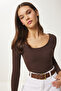 Women's Brown U-Neck Ribbed Knitted Blouse GT00212