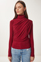 Women's Burgundy Ruched Detail Mock Neck Sandy Blouse FF00135 - 5