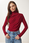 Women's Burgundy Ruched Detail Mock Neck Sandy Blouse FF00135