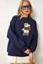 Women's Navy Blue Teddy Bear Embroidered Embossed Knitted Sweatshirt We00001 - 3
