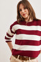 Women's Burgundy Crew Neck Striped Knit Sweater Kzk-19000932 - 4