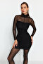 Siyah Bodycone/Vücudu Saran Kısa / Mini Örme Tül Elbise TPRAW24EL00029 - 3