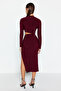 Bordo Cut Out Detaylı Shift/Düz Kesim Midi Örme Elbise TPRAW24EL00297 - 5