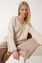 Women's Cream V-Neck Openwork Knitwear Sweater PN00079