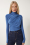 Women's Indigo Blue Ruffle Detailed High Collar Sandy Blouse FF00135 - 2