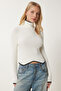 Women's Ecru Turtleneck Stripe Detailed Ribbed Knitwear Sweater DD01268 - 3