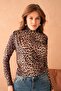 Women's Leopard Print Sandy Fabric Stand Collar Long Sleeve Blouse 12801 - 6