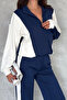 Women's Ribbed Zippered Bottom Top Modal Set - Navy Blue White - 3