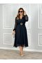 Women's chiffon fabric lined flared cut double breasted collar midi length dress - 2