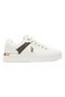 Women's White Low-Top Sneakers - Classic Style with Dark Brown Accent and Gold Logo Detail