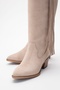 Ri̇os Beige Genuine Leather Suede Tasseled Women's Thick Heeled Boots - 3