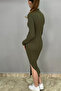 Women's Turtleneck Slit Midi Dress Khaki Color - 3