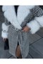 Women's Fabric Checkered Pattern Stone Fur Detail Belted Lined Special Design Coat - 8