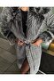 Women's Fabric Checkered Pattern Stone Fur Detail Belted Lined Special Design Coat - 8