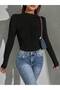 Women's Textured Elastane Ruffled Round Neck Long Sleeve T-Shirt - 2