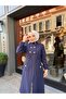 Intermediate Size Buttoned Front Imported Cashmere Coat / M0111 - Navy Blue - 2