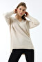 Women's V-Neck Long Sleeve Thin Woven Oversize Slit Knitwear Sweater Beige