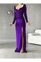 Women's Long Sleeve Long Length Slit Evening Dress Wedding Engagement Velvet Fabric Dress Purple
