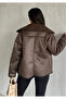 Bitter Brown Buttoned Plush Laminated Coat - 4