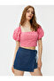 Crop Embroidered Blouse Balloon Sleeve Elastic - 2