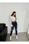 Women Navy Blue Double Knee Laser Ripped High Boyfriend Mom Jeans Pants