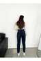 Women Navy Blue Double Knee Laser Ripped High Boyfriend Mom Jeans Pants - 4