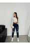 Women Navy Blue Double Knee Laser Ripped High Boyfriend Mom Jeans Pants - 5