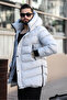 Men's Winter Long Coat with Hooded Side Zipper Detail - 3