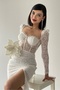 Women's White Lace Fabric Sleeves Sheer V-Neck Guipure Lace Design Slit Midi Dress 249 - 4