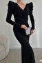 Black Long-Sleeved Maxi Dress with Ruffled Shoulders, Belted, Imported Crepe Fabric - 4