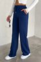 Women's Striped Ribbed Modal Fabric Trousers - Navy Blue - 4