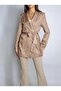 Women's Brown Lined Birded Jacquard Patterned Satin Jacket Yy 101195