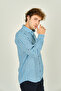 Men's Slim Fit Plaid Long Sleeve 100% Cotton Shirt 0016 Blue - 2