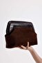 Heybes Women's Bitter Brown Croco Pattern Leather Detailed Suede Clutch Hand Bag - 3