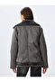 Faux Fur Collar Leather Look Zippered Pocket Biker Jacket - 4