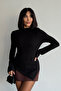 Women's Black Draped Boat Neck Asymmetrical Lycra Knitted Blouse - 2